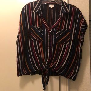 Striped short sleeve collared blouse